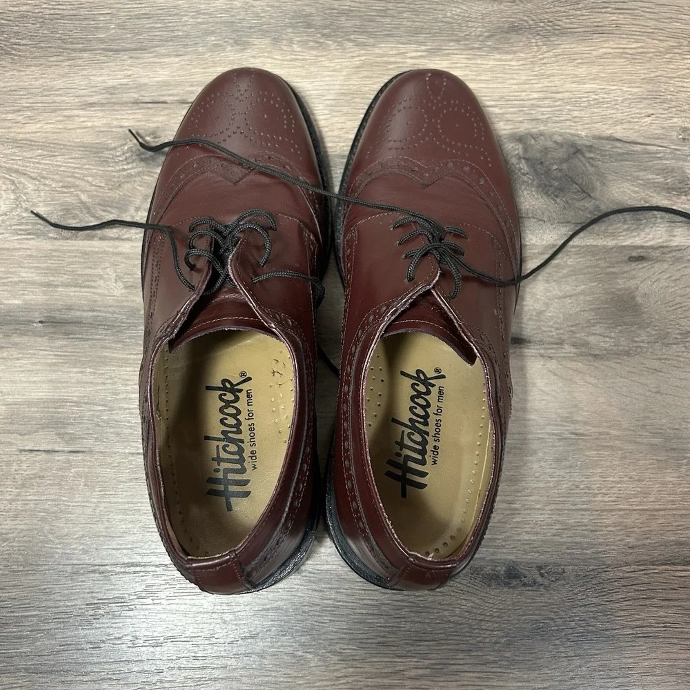 Hitchcock Shoes Size 9.5 3E Mens Burgundy Leather Dress Oxford Wing Tip Wide EEE